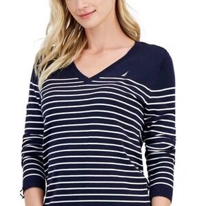 Nautica Womens Cotton Sailor Striped Sweater‎   V Neck Navy White  Size L New